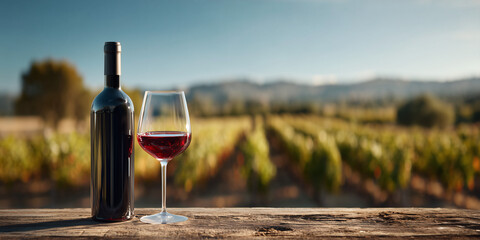 A beautiful wine bottle and a glass of wine with vineyard background. The setting is on a rustic wooden table, with rolling hills and vineyards visible in the background