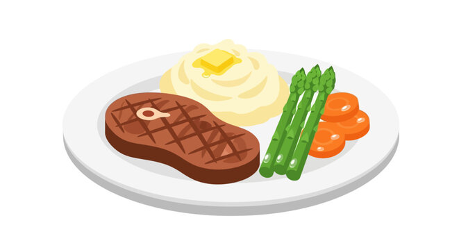 Vector illustration of steak dinner with mashed potatoes and vegetables