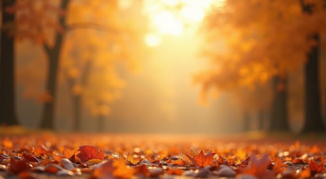 Autumn leaves are laying on the ground in a park with the sun shining through the trees