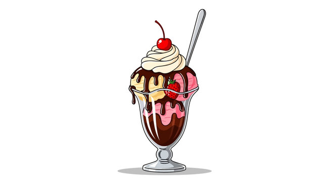Delicious ice cream sundae with cherry in glass cup illustration
