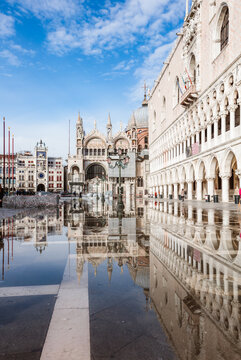 Acqua alta at St Mark's square, Venice, Italy