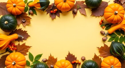 Obraz premium Frame of colorful autumn leaves and pumpkins on pastel yellow background, banner template for Thanksgiving autumn harvest Halloween or seasonal invitation, with copyspace for text.