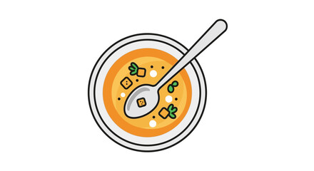 Bowl of soup with a spoon featuring croutons and vegetables