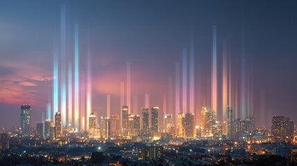 Cityscape at Dusk: The dynamic metropolis pulsates with the energy of technological advancement, illuminated by streams of vibrant light that cut across the dusk sky.