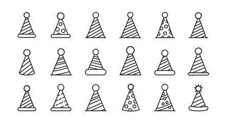 Collection of simple, isolated line art party hats suitable for web, books, cards, and apps. This editable stroke vector cartoon illustration features various hat designs with pom-poms and patterns
