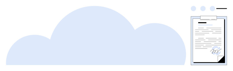 Digital document with signature near large cloud graphic symbolizing cloud storage. Ideal for data security, digital signature, document management, cloud storage, online agreement, e-signature