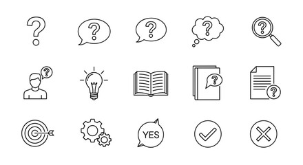 A clean and modern set of outline icons, perfect for representing concepts like questions, ideas, solutions, and decision-making. This vector illustration features a magnifying glass, question marks