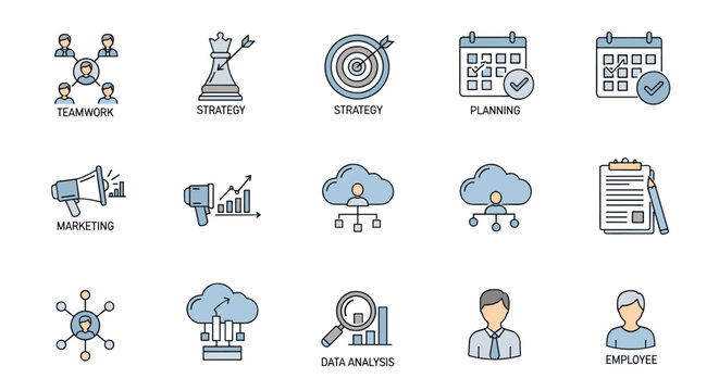Vivid flat icons set for business, data analysis, organization management, and technology, featuring teamwork, strategy, planning, marketing, cloud technology, and employee representation, perfect