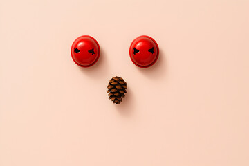 A minimalist christmas face made of red jingle bells and a pine cone on a light peach background creates a festive mood, christmas
