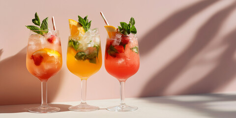 Refreshing summer cocktails garnished with fresh fruit and herbs, inviting you to relax and enjoy