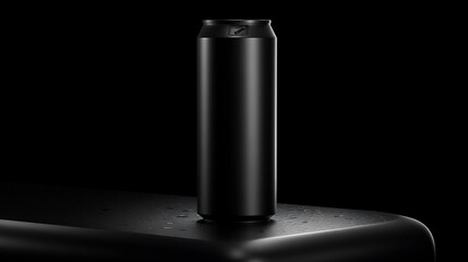 Sleek Black Metallic Beverage Can on a , Dark Studio Lighting, Isolated Product.