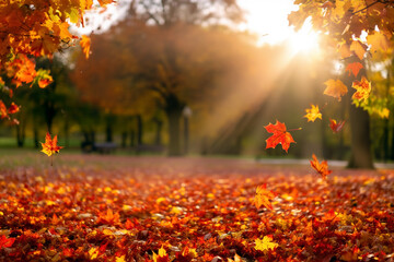 autumn in the forest - Autumn Park Scene with Falling Leaves, Warm Sunlight, and Seated Figure – Peaceful Seasonal Landscape Symbolizing Reflection, Change, and Tranquility