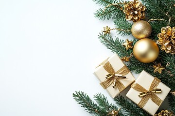 golden christmas gifts and pine branches on a white background, flat lay with copy space for text or decoration, Christmas concept