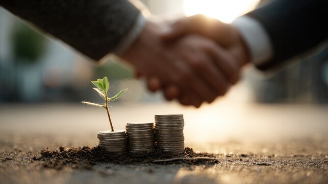 Growing Partnership: Two hands clasped in a handshake with a visual representation of business growth, symbolizing a solid partnership with a sapling rising from coins.