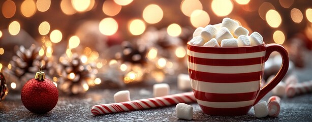 red and white striped mug filled with hot chocolate, surrounded by marshmallows on the table, candy cane next, enchanting bokeh background of twinkling lights, Christmas atmosphere, wide banner 