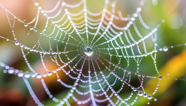 Glistening water droplets of morning dew clinging to the delicate threads of an intricate spiderweb