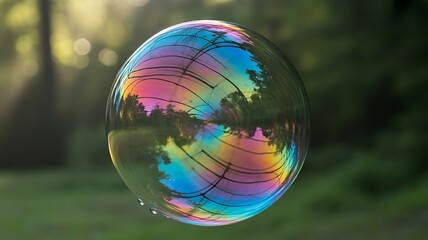 A colorful soap bubble reflecting trees and sky in soft sunlight, macro photography