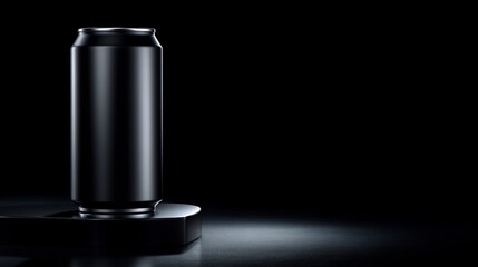 Sleek Monochrome Beverage Can in Dramatic Lighting on a Dark Background for Advertising.