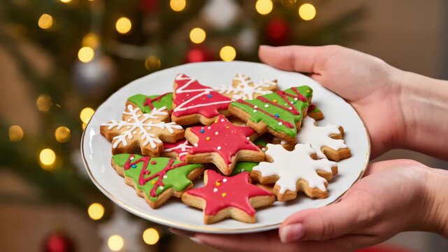 Assorted holiday cookies decorated as stars, trees, and snowflakes with red, green, and white icing on a plate. Held by hands in front of warm Christmas lights. Festive sweet treat.