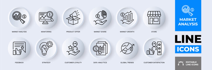 Flat Market Analysis Outline Icons Set with Editable Stroke.