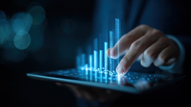 Digital Insights: A person interacts with a futuristic digital interface, manipulating data that glows, representing the power of modern technology in finance. - Powered by Adobe