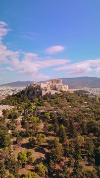 Aerial view of the Acropolis of Athens, a timeless marvel, standing tall against the cityscape, showcasing ancient architecture, Athens, Central Athens Regional Unit, Greece.