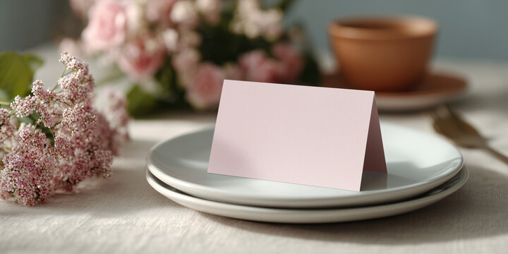 A pink blank name card sits elegantly on a stack of two white plates, with soft focus flowers and a cup of coffee enhancing the scene