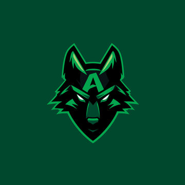 Powerful green wolf head mascot logo with letter A icon, stylized animal character for eSports, gaming team, or branding design