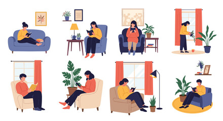 People relaxing and reading books in cozy living rooms at home.