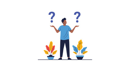 A person is trying to make a decision between two options with question marks above.