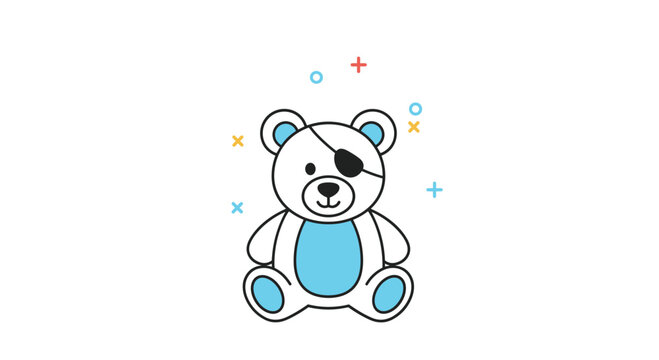A cute teddy bear with an eye patch and playful confetti.