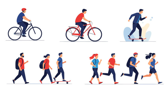 A collection of people engaging in various outdoor recreational activities and urban transportation options.