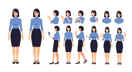 Business woman character animation design set in multiple poses.