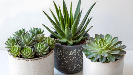 Three potted succulent plants on a white background