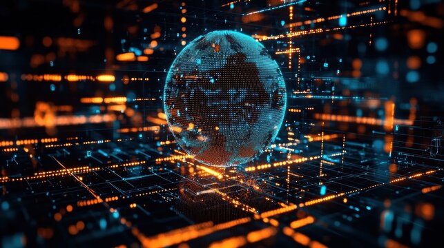 Futuristic digital globe made of blue illuminated dots surrounded by floating orange and blue light grids representing data and technology connections