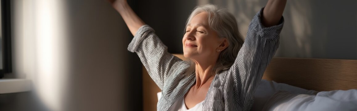 Peaceful elderly woman enjoying relaxation and happiness in a bright bedroom showcasing comfort wellness and positive senior lifestyle in a tranquil setting