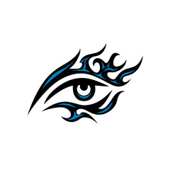 Naklejka premium Stylized tribal eye illustration with black and blue flame-like patterns on a white background, representing vision and mysticism.