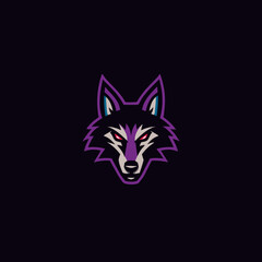 Obraz premium Intense stylized wolf head illustration with sharp red eyes, powerful purple and black design, perfect for a modern mascot logo.