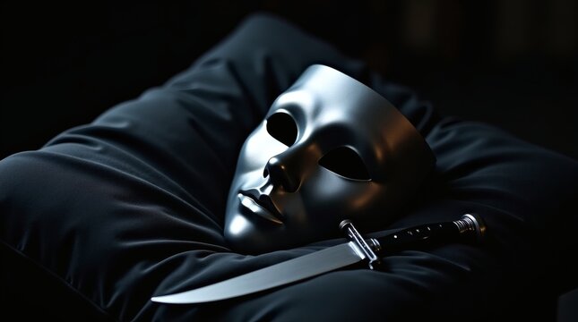 Mysterious metallic mask and sharp dagger resting on luxurious dark fabric evoke intrigue, danger, and hidden secrets for thrilling narratives.