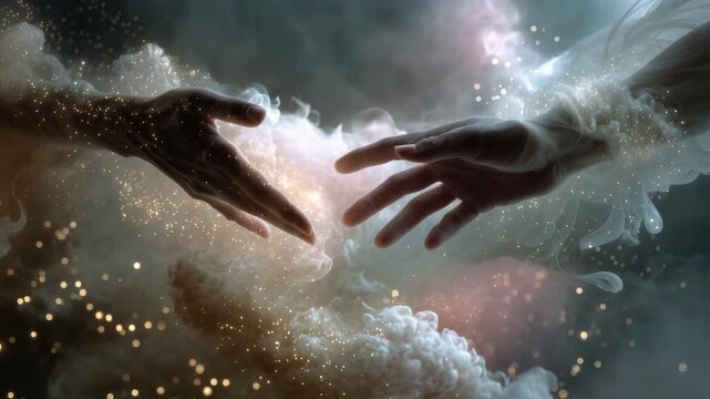 Symbolic representation of creation with two divine hands reaching towards each other. Nearly touching amidst a celestial nebula of shimmering golden particles and ethereal. Swirling clouds of light