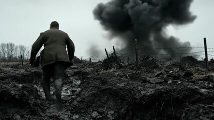 Soldier runs through muddy trench. Barbed wire lines ruined battlefield. Explosion sends thick smoke into sky. Muddy ground splashes around boot. Bleak trees stand beyond trench. War memory fills sky.