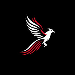 Obraz premium Majestic phoenix bird in flight illustration with white and red stylized feathers on black. Mythical creature symbolizing rebirth, power.