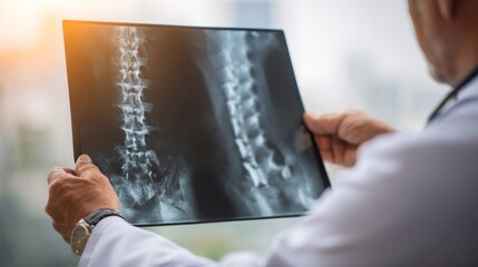 Medical Analysis: A doctor meticulously examines an x-ray, shedding light on the intricate structure of the human spine and the pursuit of healthcare