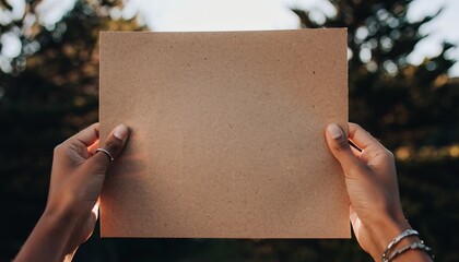 Human hands presenting a clean, blank brown sheet of paper, ready for your personalized message, design, or important announcement against a soft, natural backdrop