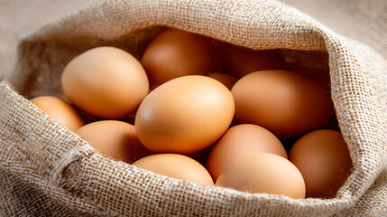 Fresh brown eggs in a reusable cloth bag, natural and eco-friendly food storage concept.