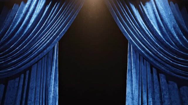 a pair of blue curtains that open to reveal a dark background.