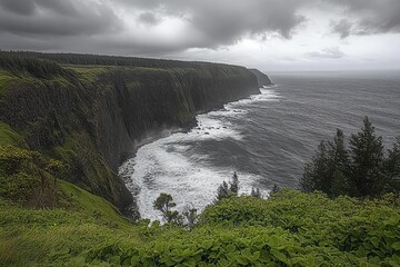 Dramatic cloudy sky over steep green cliffs and turbulent ocean waves crashing against rocky shore with dense foliage in foreground