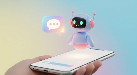 A minimalist 3D robot character, colored in soft blue and pink, floats above a smartphone screen held in a hand. The friendly robot features a glowing blue smiley face and is accompanied by a radiant,