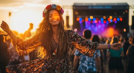 A joyful woman with long, flowing hair and a vibrant floral crown dances freely at a music festival during sunset. Her bohemian-style dress catches the warm golden light, while a blurry crowd and
