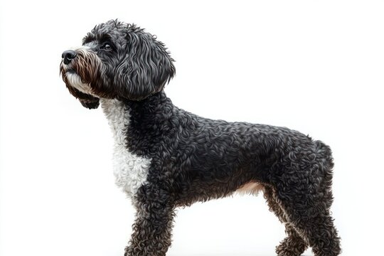 Profile view of a black and white curly-coated dog standing alert against a white background